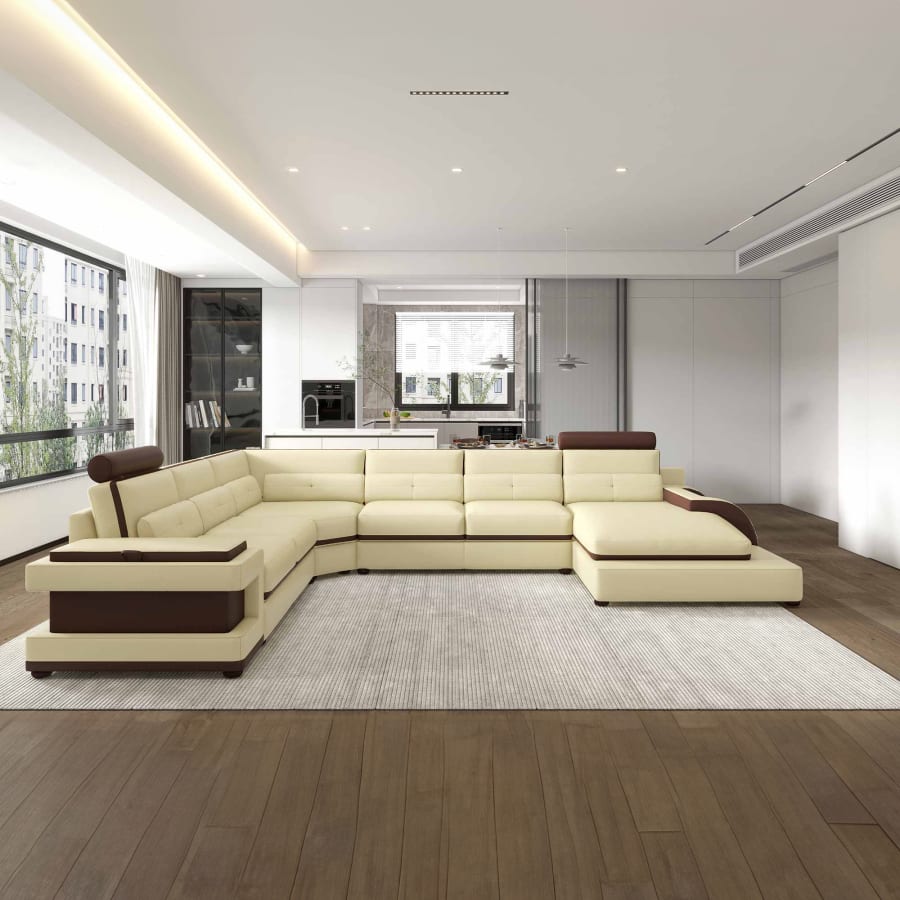 Canap&eacute; d'angle gauche panoramique design en cuir beige et marron avec lumi&egrave;re int&eacute;gr&eacute;e